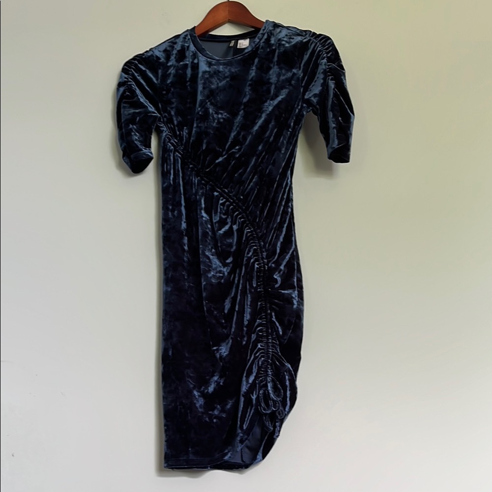 H&M Divided Crushed Dark Blue Velvet Asymmetrical Rusched Bodycon Dress Size 4